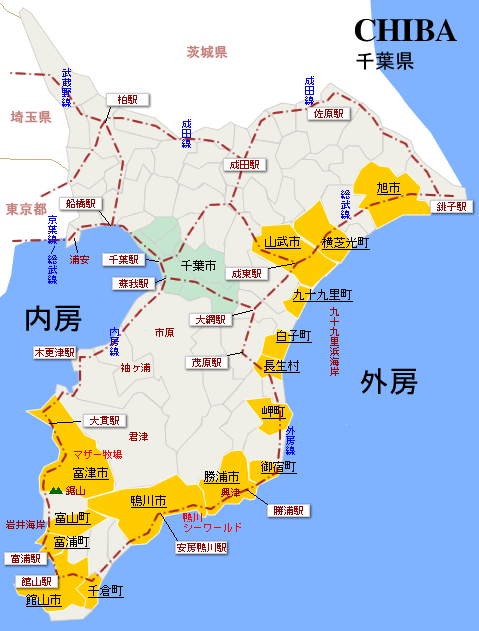 千葉県/地図　合宿の宿を地図から検索    富津 岩井 富浦 館山 白子 九十九里 飯岡 興津 御宿 岬町 成東 蓮沼 横芝光町 鴨川 千倉 山武市